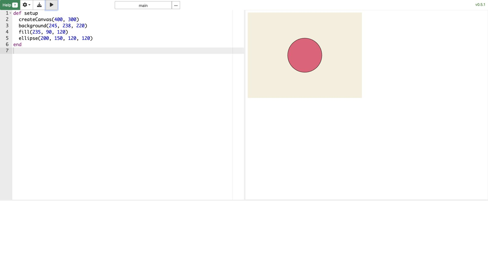 rbCanvas/p5 0.5.1エディタの実画面。左側にRubyコード、右側に薄いクリーム色のキャンバスと赤い円の実行結果が表示され、上部にヘルプ、ツール、保存、実行の各ボタンが並んでいる