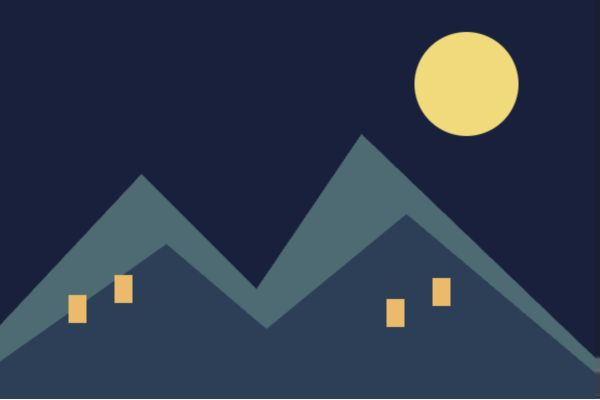 濃紺の600×400のキャンバスに、山並み、四つの窓、黄色い月を描いた付属画像が表示された実行結果