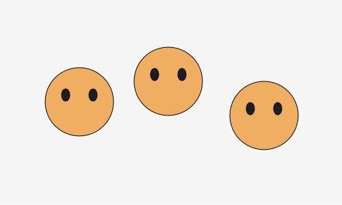 薄い灰色の500×300のキャンバスに、同じ描き方で作ったオレンジ色の顔が三つ、異なる位置へ並んでいる実行結果