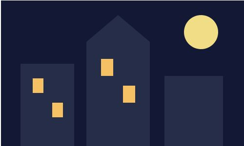 濃紺の夜空に、三つの建物、黄色く光る四つの窓、右上の月を配置した実行結果